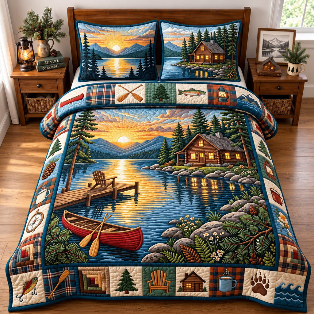 Golden Hour Lakeside quilted 3-piece bedding set on a made bed with two matching pillow shams