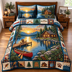 Golden Hour Lakeside quilted 3-piece bedding set on a made bed with two matching pillow shams