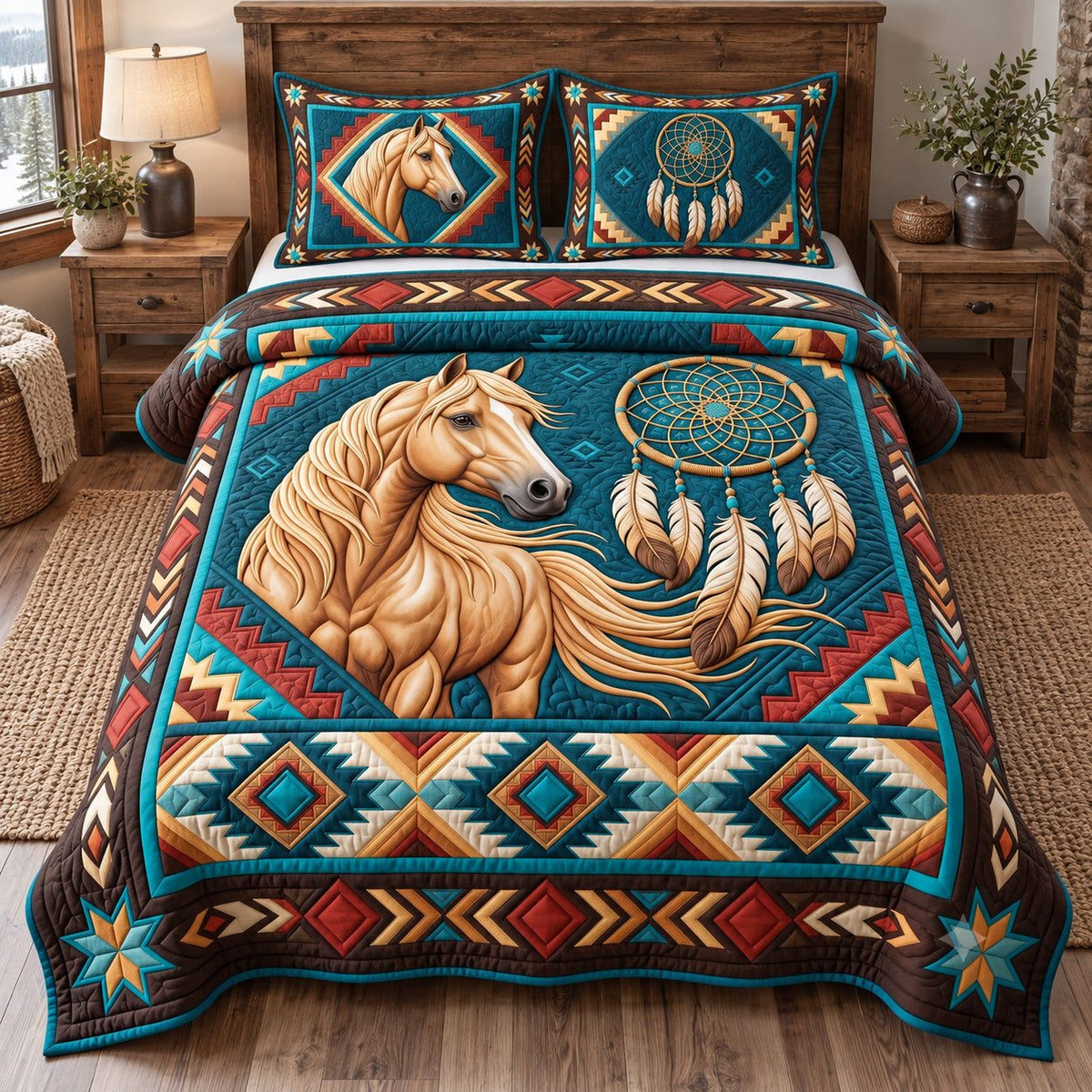 Golden Mane Dreamcatcher Tribal Horse quilted 3-piece bedding set on a made bed in a rustic timber bedroom