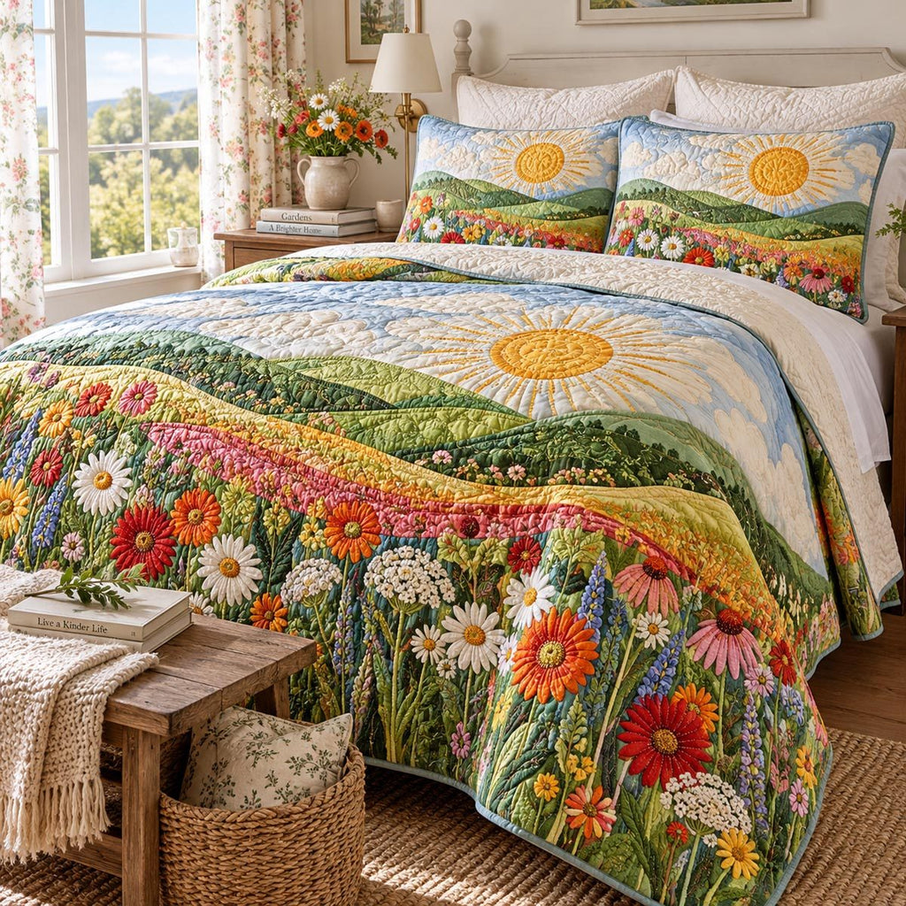 Golden Meadow Bloom quilted 3-piece bedding set on a made bed with two matching pillow shams