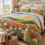 Golden Meadow Bloom quilted 3-piece bedding set on a made bed with two matching pillow shams
