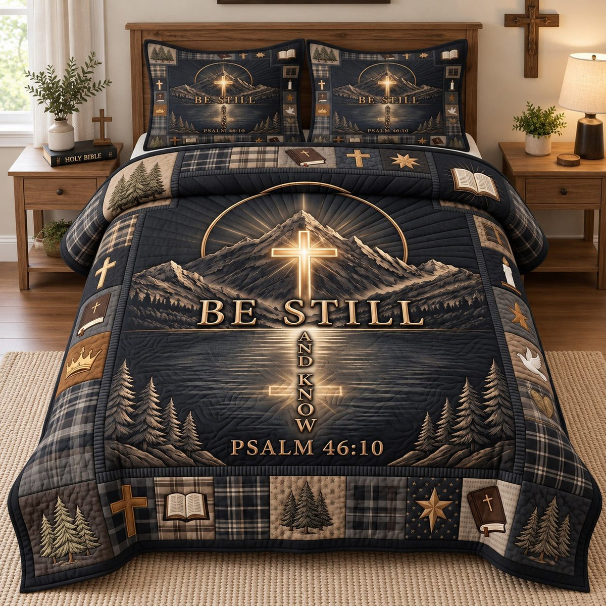 Golden Mountain Faith quilted 3-piece bedding set on a made bed in a softly lit bedroom