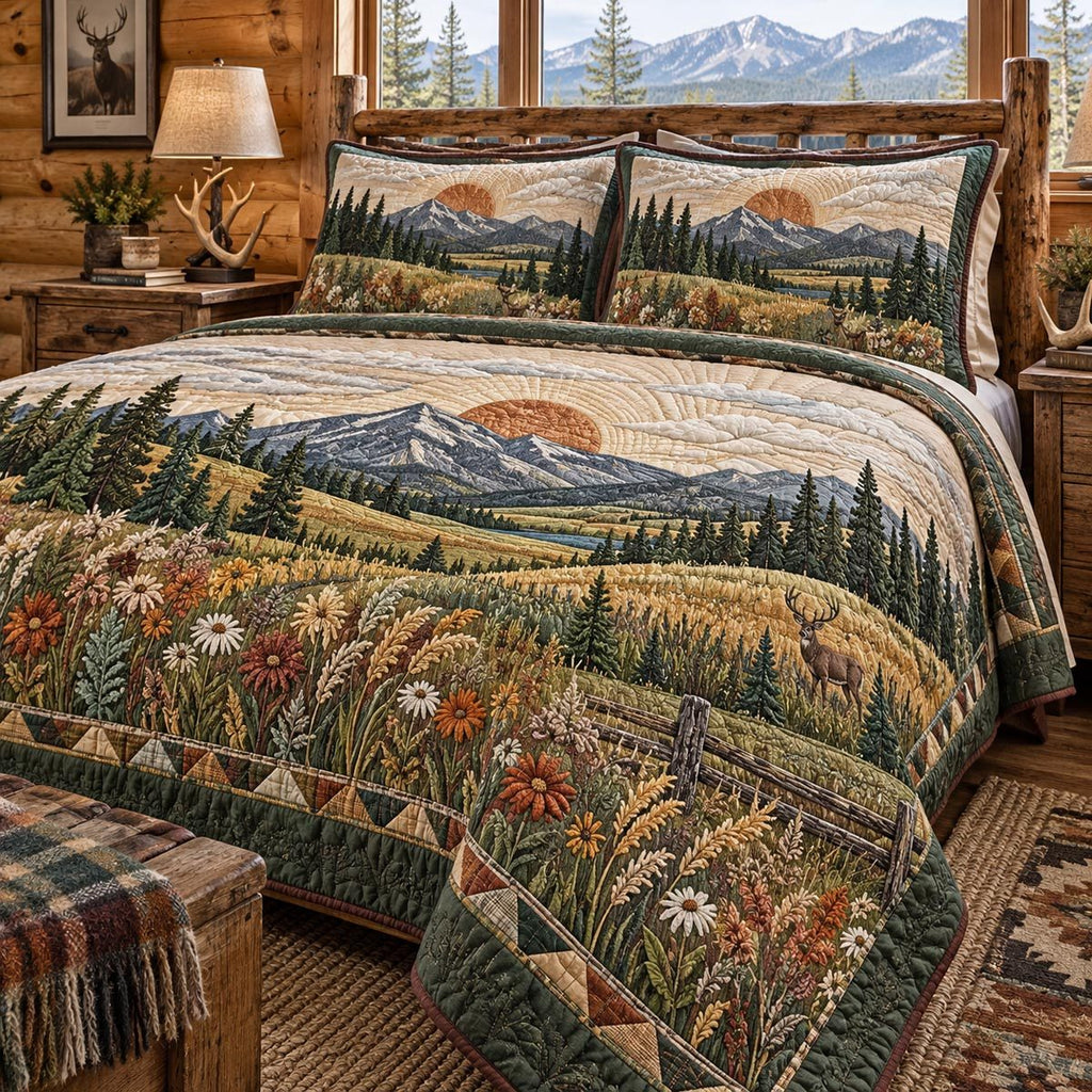 Golden Mountain Meadow quilted 3-piece bedding set on a made bed with two matching pillow shams
