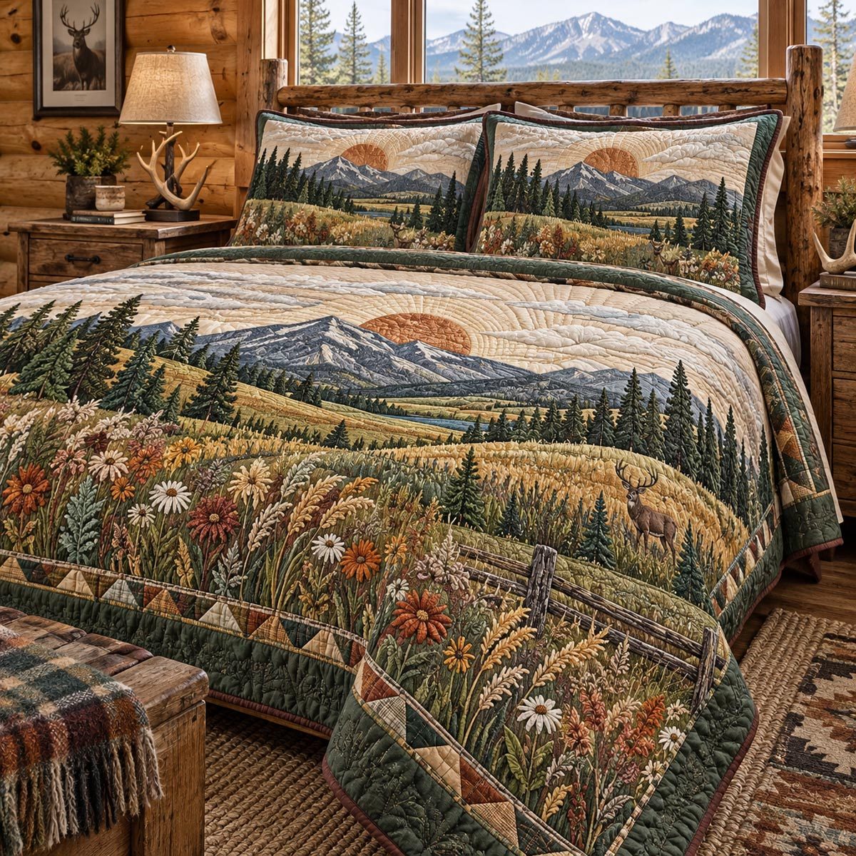 Golden Mountain Meadow quilted 3-piece bedding set on a made bed with two matching pillow shams