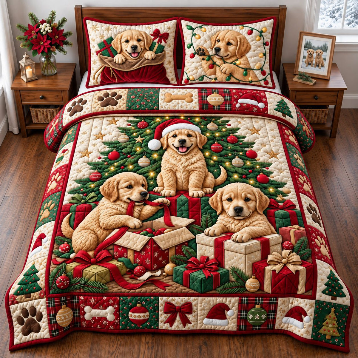 Golden Puppies Christmas Presents quilted 3-piece bedding set on a made bed in a winter-styled bedroom