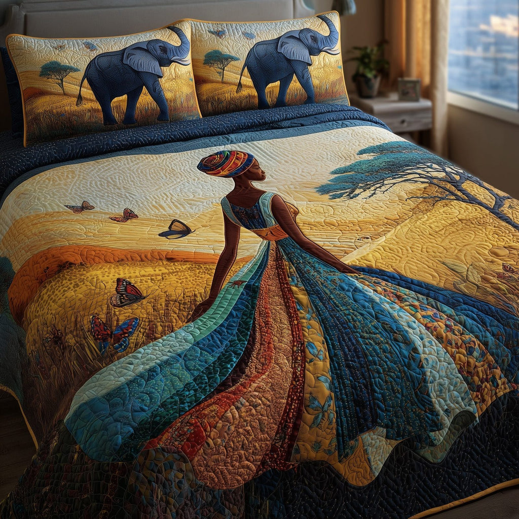 Golden Queens Field Walk quilted 3-piece bedding set on a made bed with two matching pillow shams