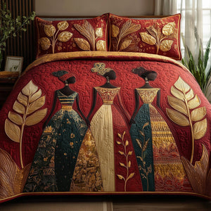 Golden Queens Leaves Red 3-Piece Quilted Bedding Set