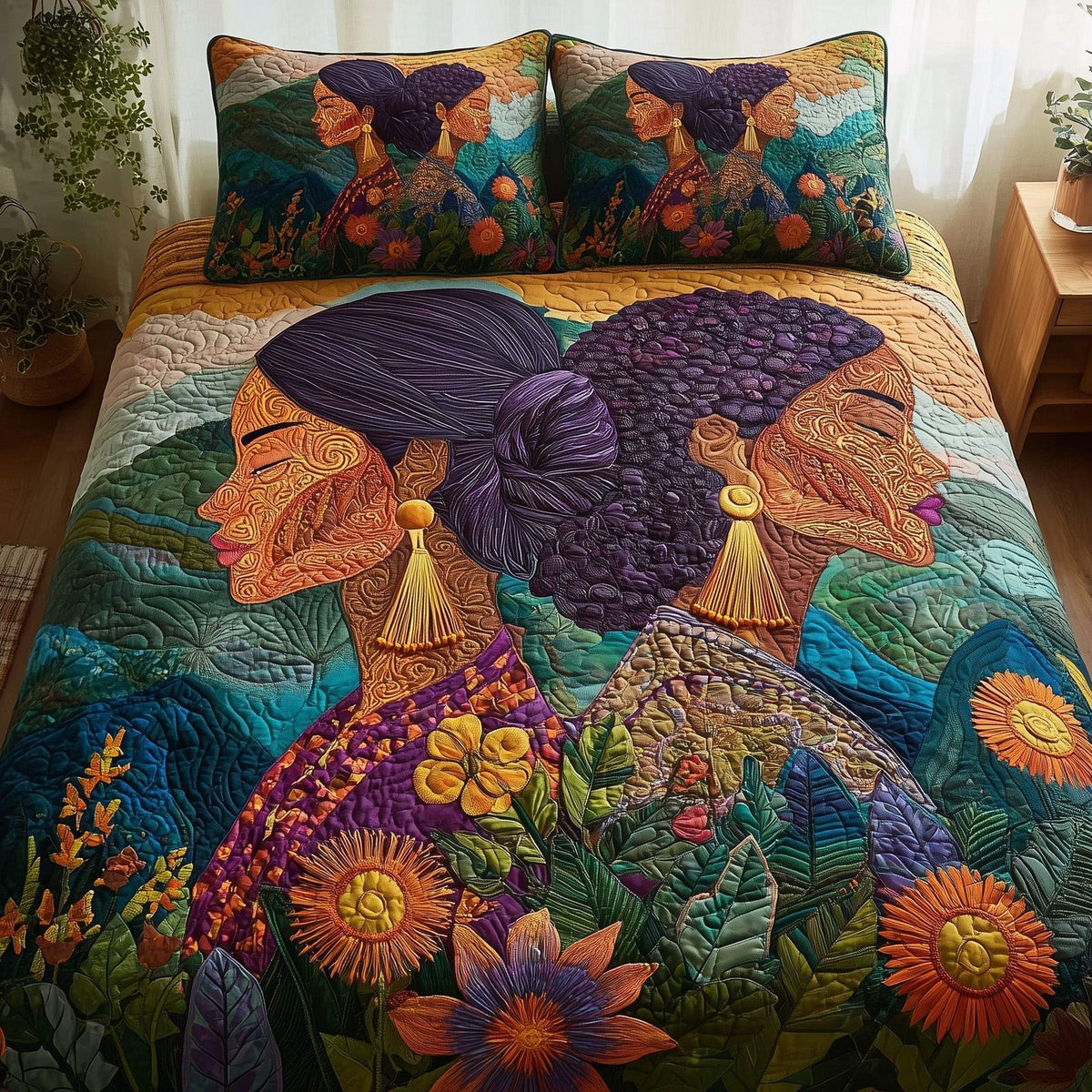 Golden Queens Purple Faces quilted 3-piece bedding set on a made bed with two matching pillow shams