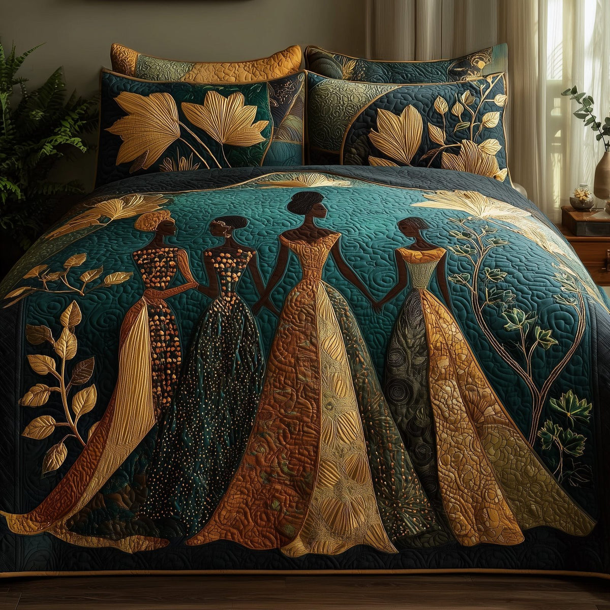 Golden Queens Trio Dusk quilted 3-piece bedding set on a made bed with two matching pillow shams