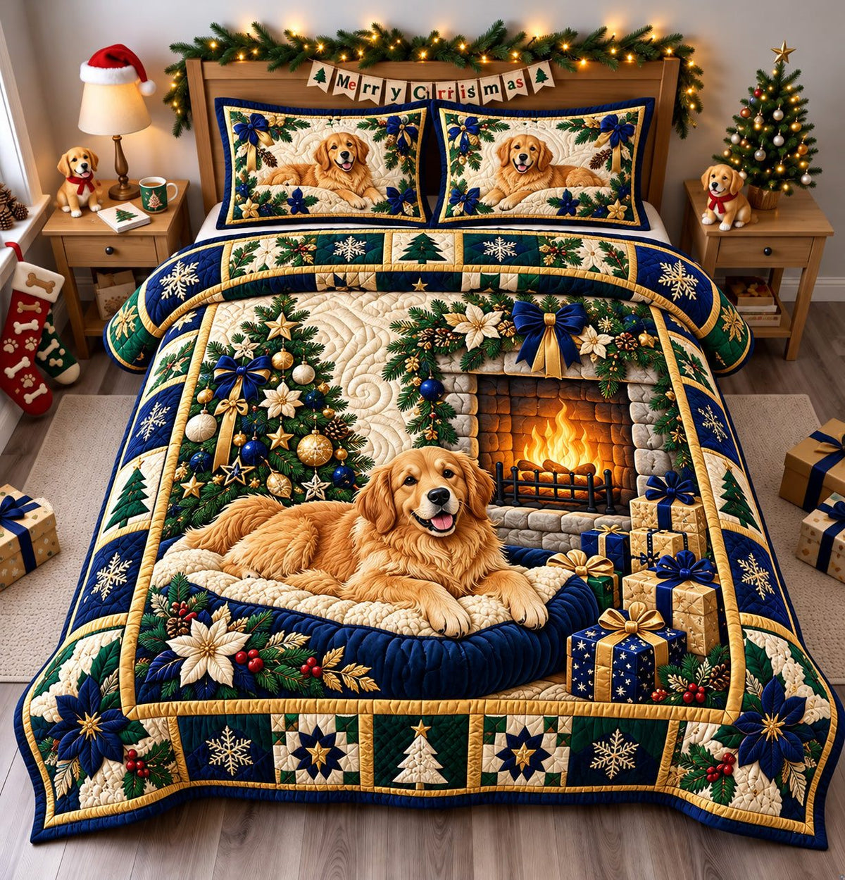 Golden Retriever Christmas Joy quilted 3-piece bedding set on a made bed in a winter-styled bedroom