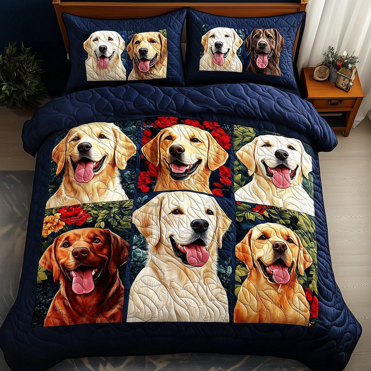 Golden Retriever Labs Navy quilted 3-piece bedding set on a made bed in a warmly lit bedroom