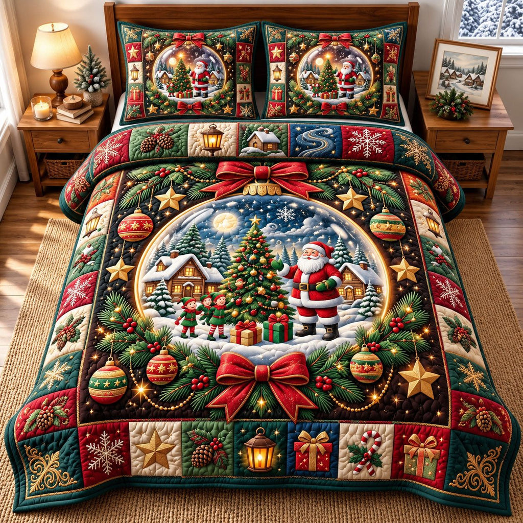 Golden Sleigh Santa Claus quilted 3-piece bedding set on a made bed in a winter-styled bedroom