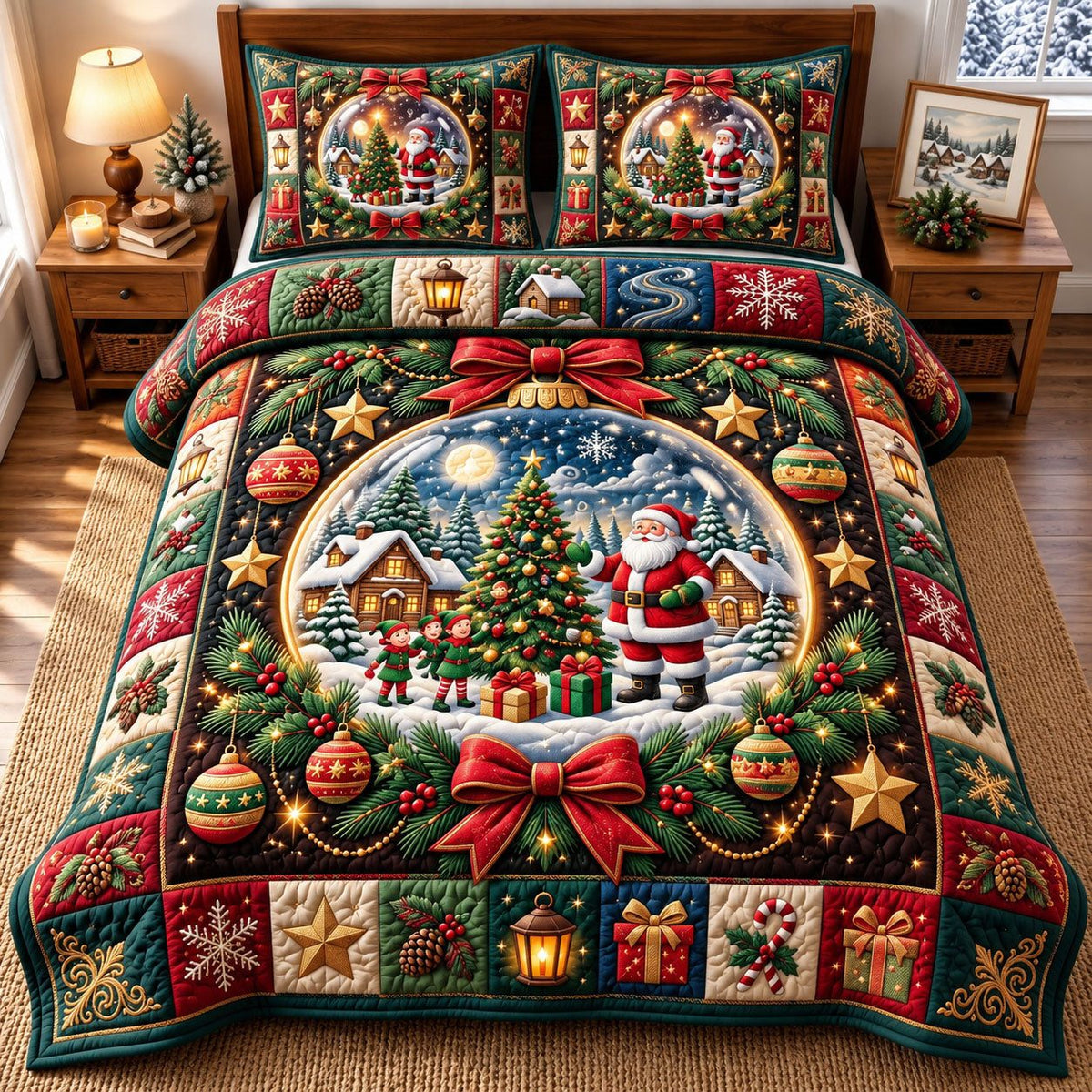 Golden Sleigh Santa Claus quilted 3-piece bedding set on a made bed in a winter-styled bedroom