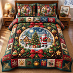 Golden Sleigh Santa Claus quilted 3-piece bedding set on a made bed in a winter-styled bedroom