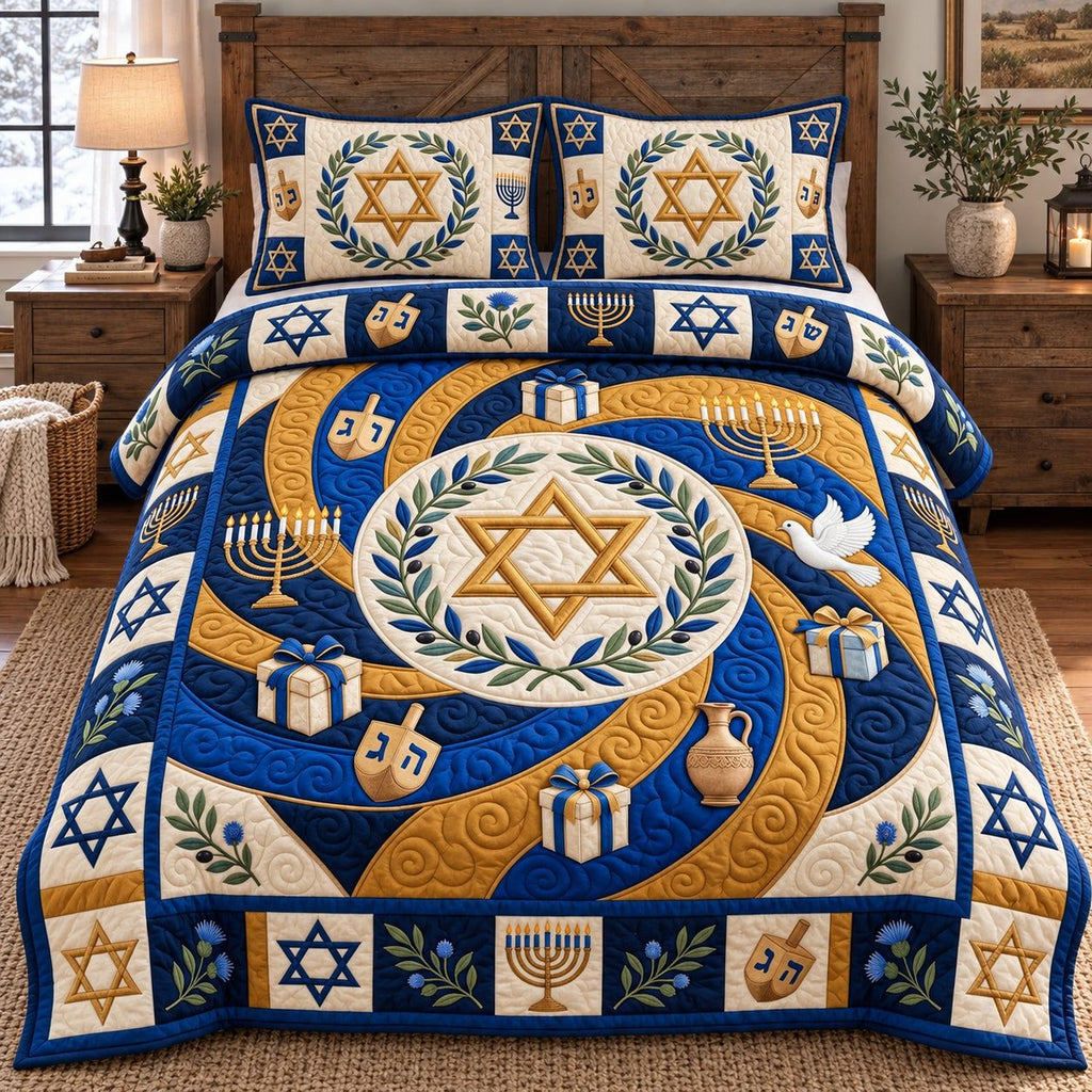 Golden Star Swirl quilted 3-piece bedding set on a made bed with two matching pillow shams