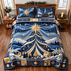 Golden Star Tree quilted 3-piece bedding set on a made bed with two matching pillow shams