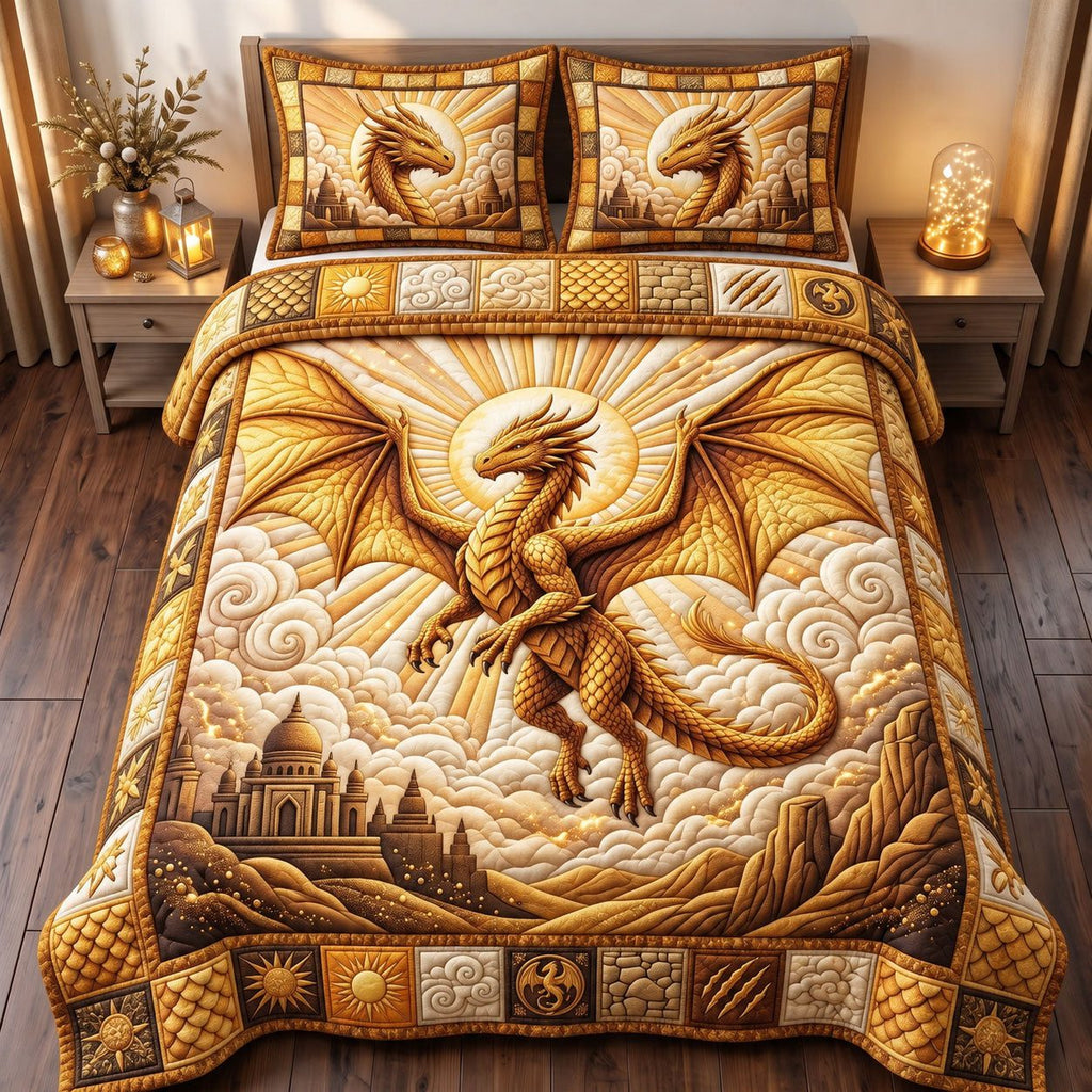 Golden Sun Dragon quilted 3-piece bedding set on a made bed with two matching pillow shams