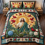 Golden Sun Surrounded By His Grace quilted 3-piece bedding set on a made bed with two matching pillow shams