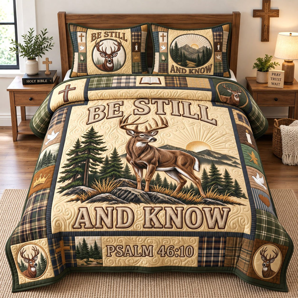 Golden Sunrise Buck quilted 3-piece bedding set on a made bed with two matching pillow shams