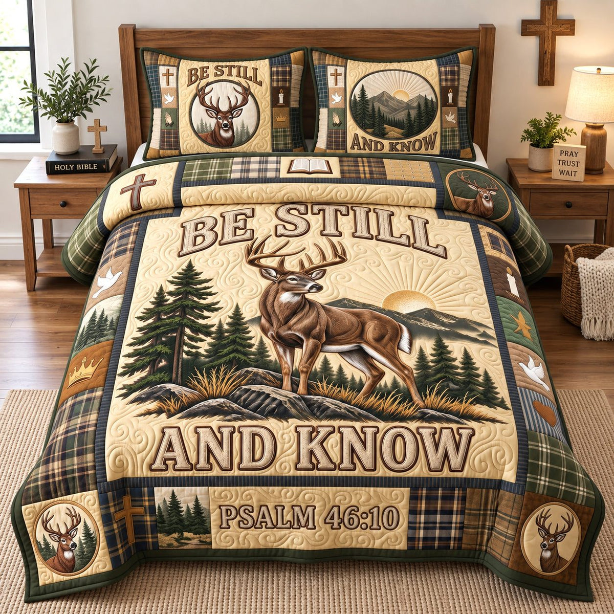 Golden Sunrise Buck quilted 3-piece bedding set on a made bed with two matching pillow shams