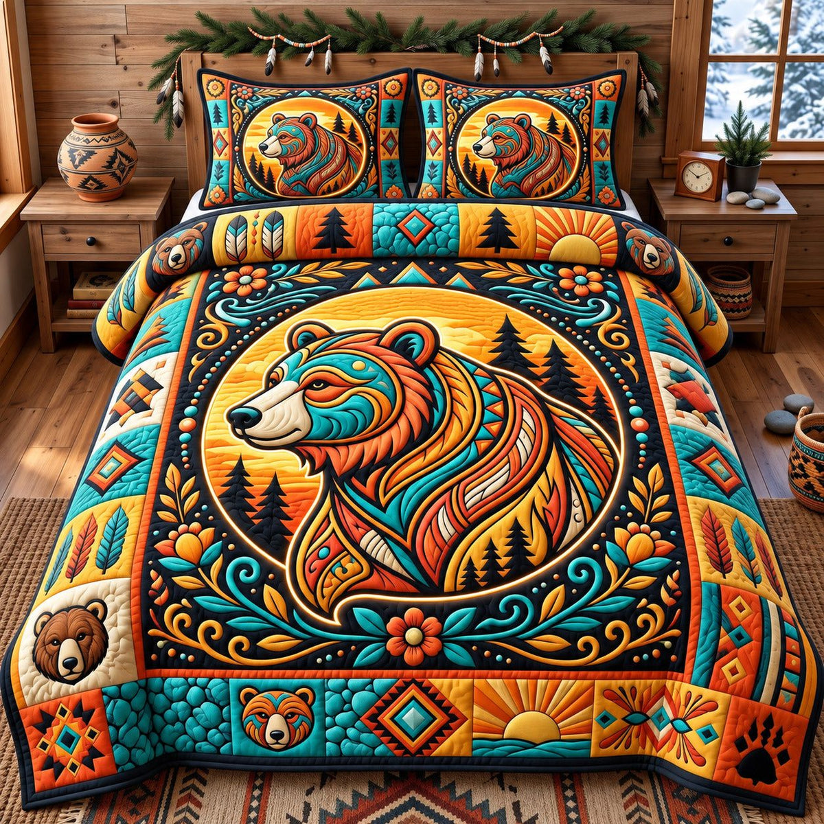 Golden Sunset Native Bear quilted 3-piece bedding set on a made bed with two matching pillow shams