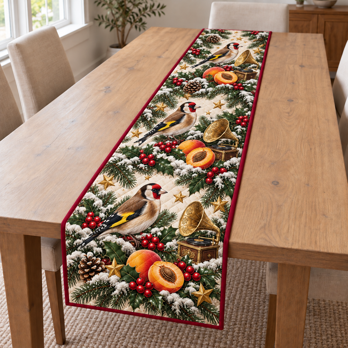 Goldfinch Apricot Toy Gramophone printed Christmas quilted table runner; design mockup showing a flat printed depth effect.