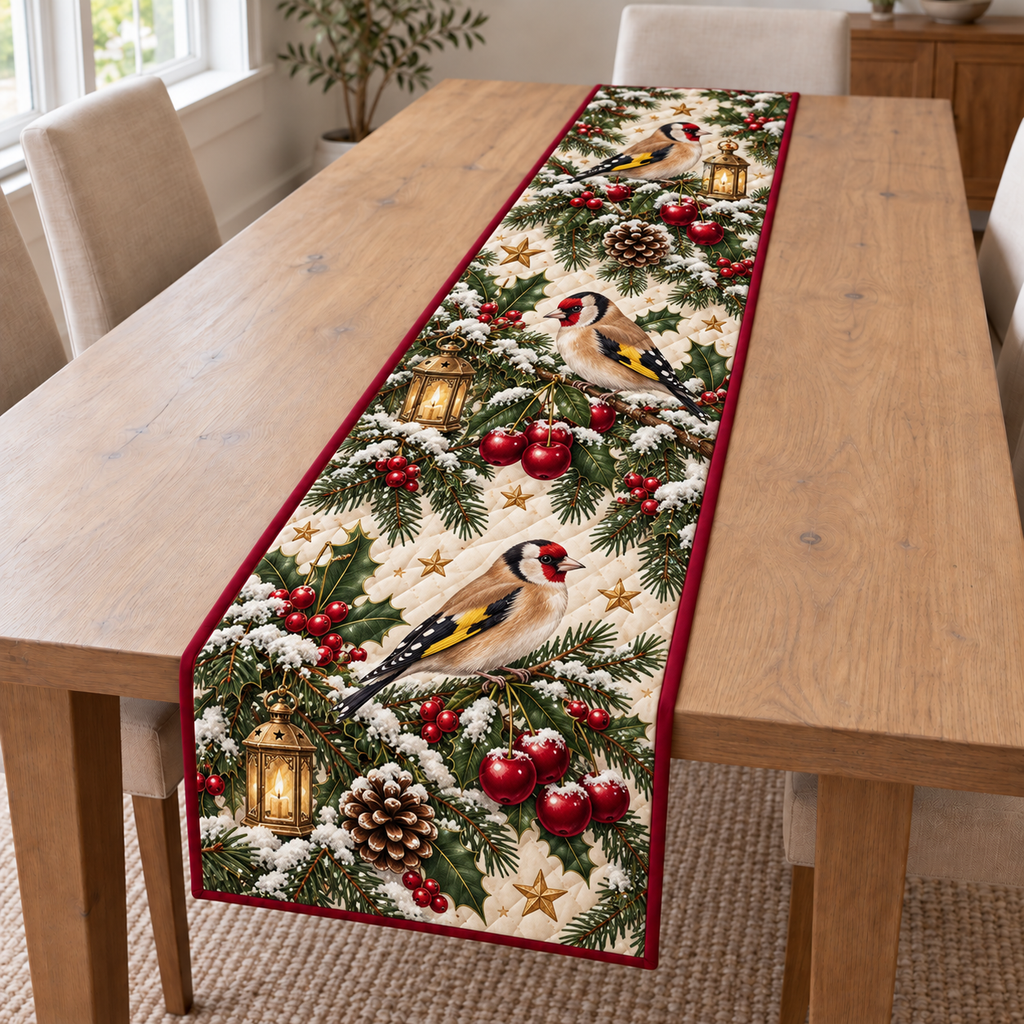 Goldfinch Cherry Toy Lantern printed Christmas quilted table runner; design mockup showing a flat printed depth effect.