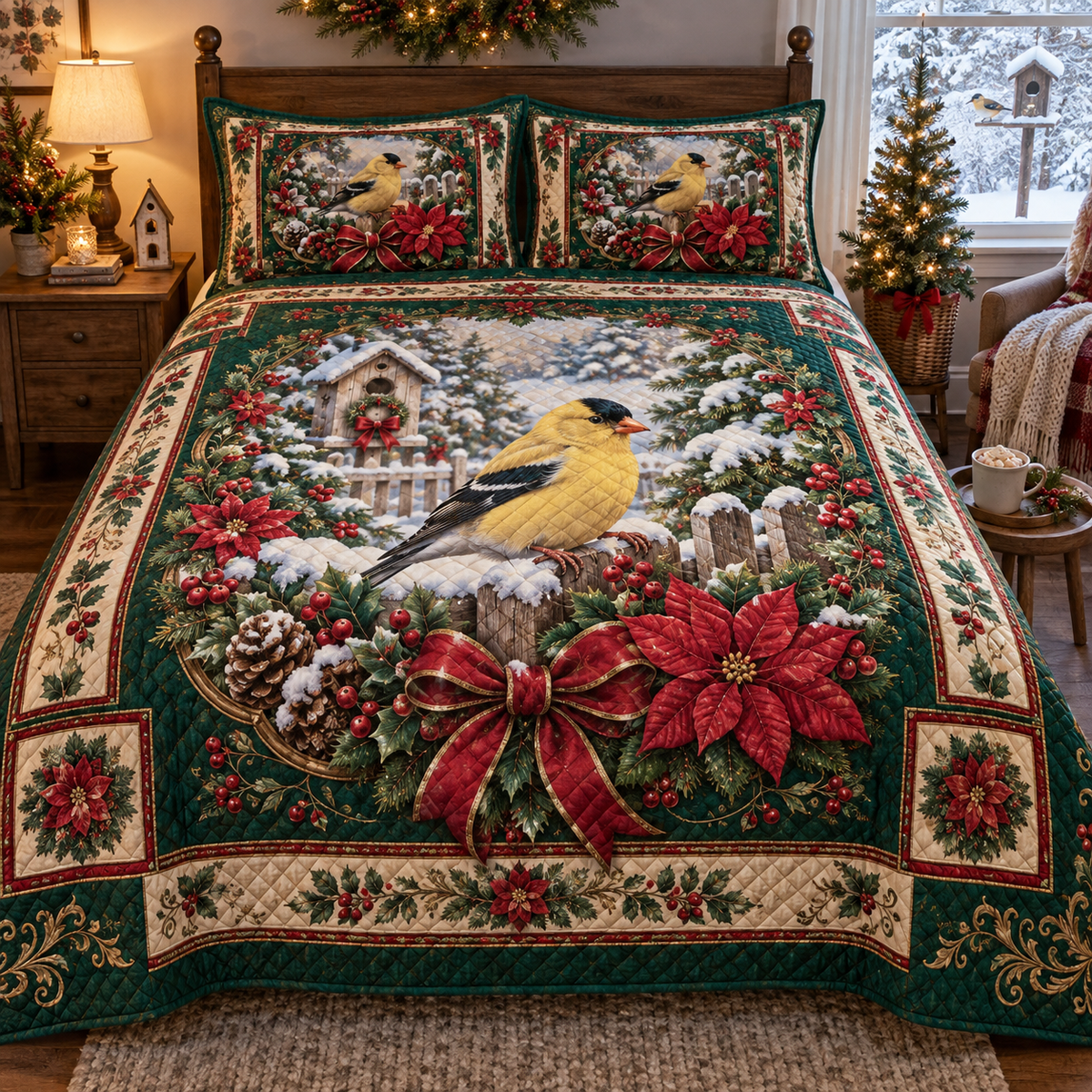 Goldfinch Christmas 3-Piece Quilted Bedding Set — digital product visualization