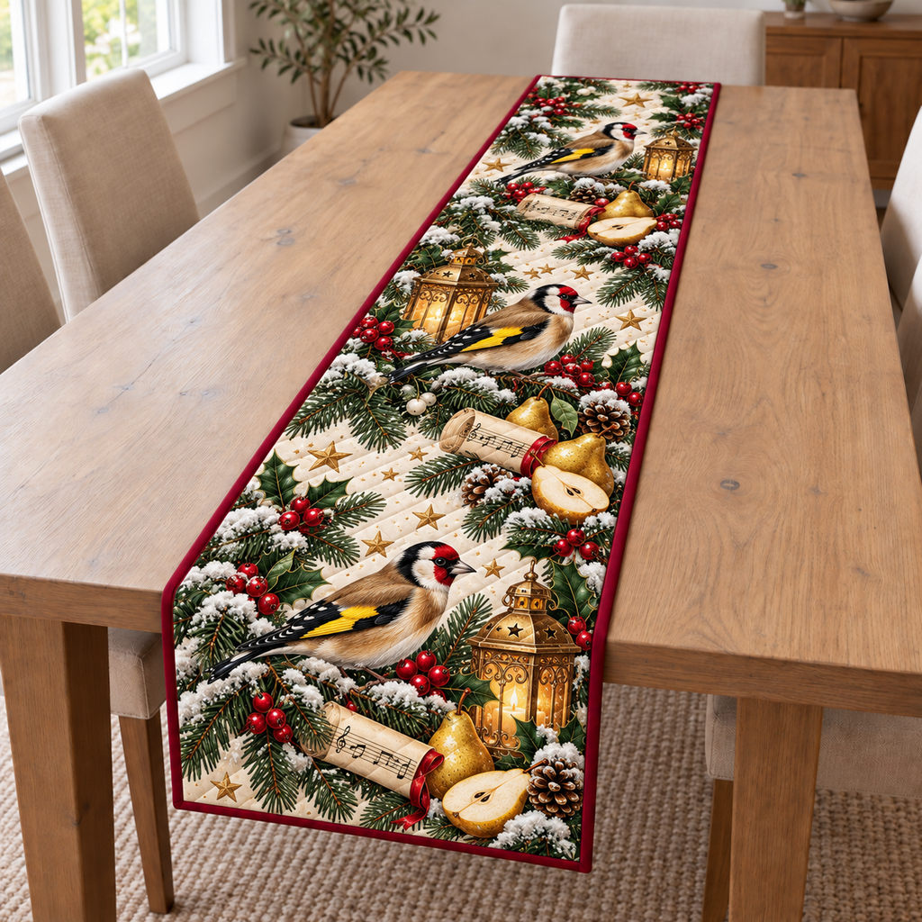Goldfinch Pear Music Lantern printed Christmas quilted table runner; design mockup showing a flat printed depth effect.