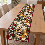 Goldfinch Pear Music Lantern printed Christmas quilted table runner; design mockup showing a flat printed depth effect.