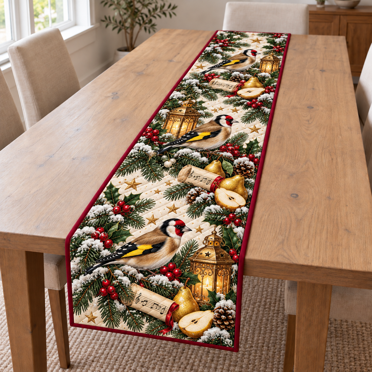 Goldfinch Pear Music Lantern printed Christmas quilted table runner; design mockup showing a flat printed depth effect.