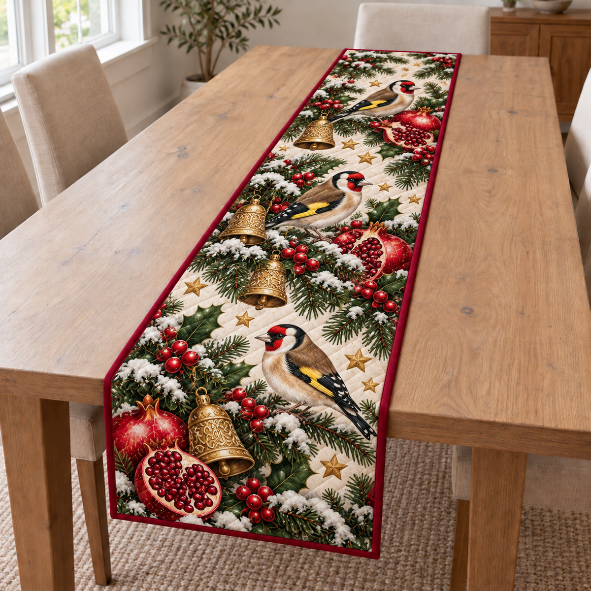 Goldfinch Pomegranate Bell printed Christmas quilted table runner; design mockup showing a flat printed depth effect.