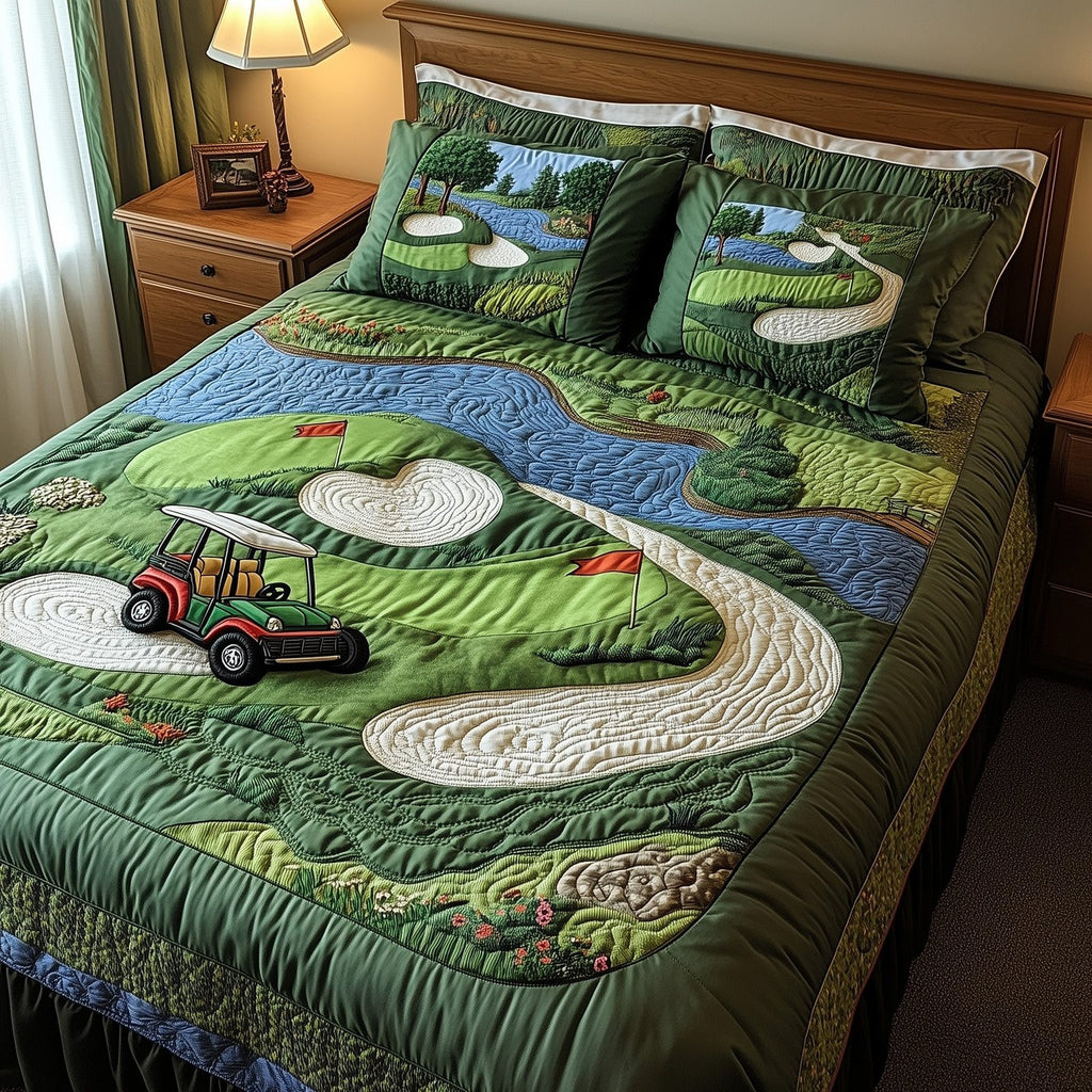 Golf Course Winding Fairway quilted 3-piece bedding set on a made bed with two matching pillow shams