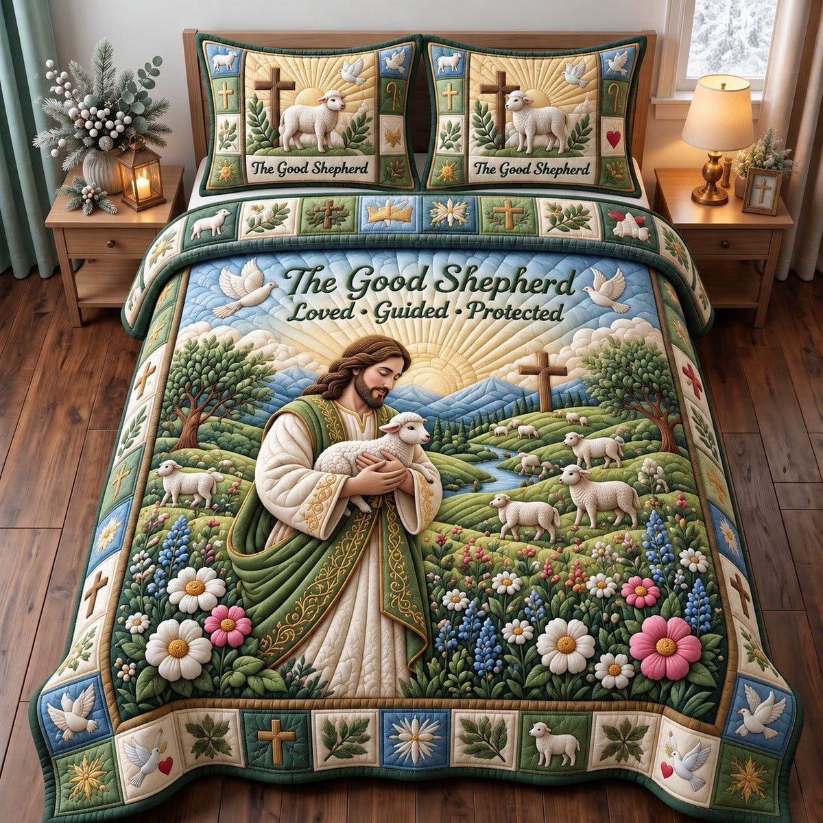 Good Shepherd Meadow quilted 3-piece bedding set on a made bed with two matching pillow shams