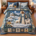 Good Shepherd quilted 3-piece bedding set on a made bed with two matching pillow shams