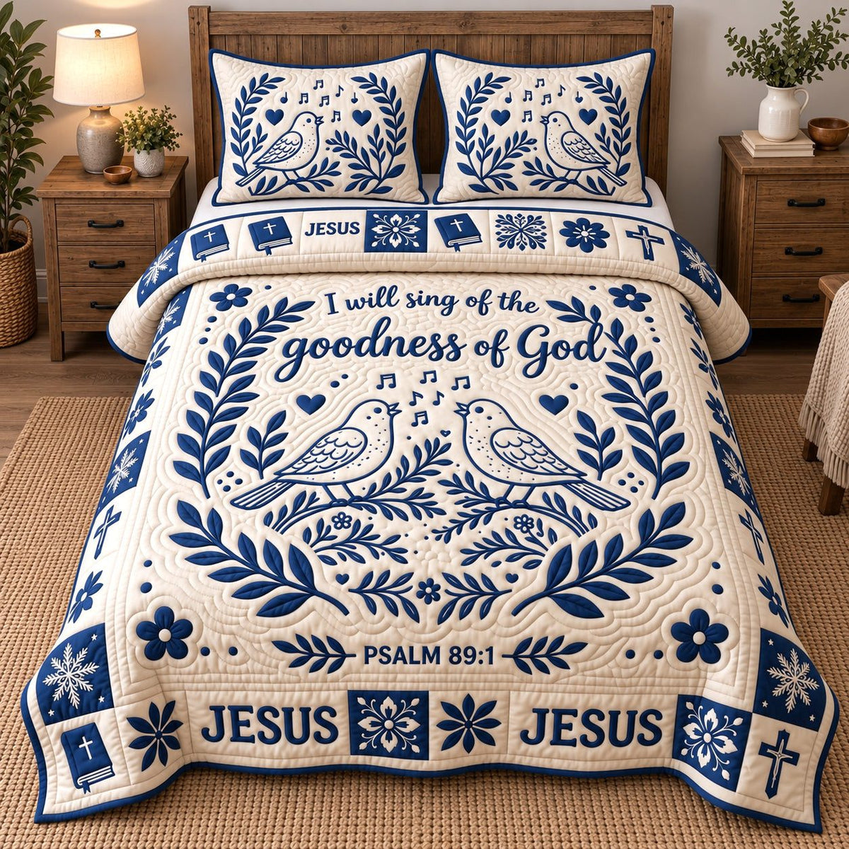Goodness Of God quilted 3-piece bedding set on a made bed in a softly lit bedroom