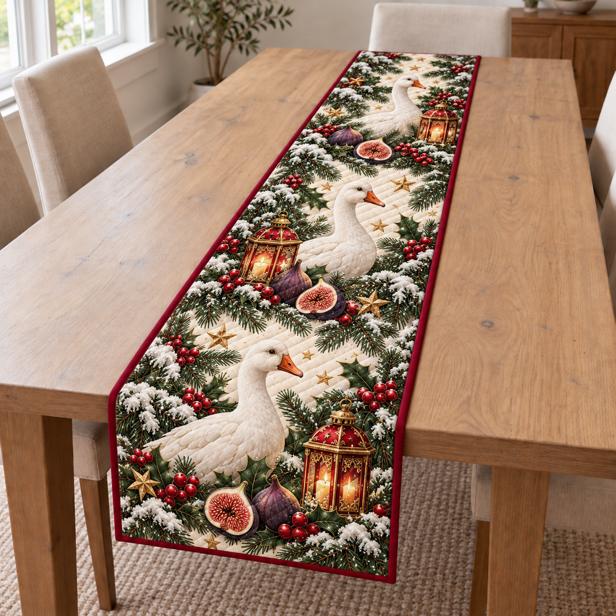 Goose Fig Toy Lantern printed Christmas quilted table runner; design mockup showing a flat printed depth effect.