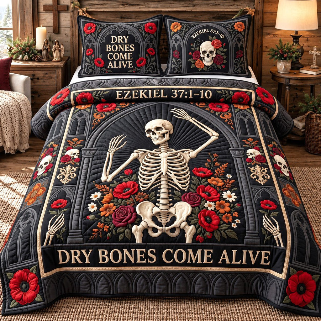 Gothic Arch Dry Bones Come Alive quilted 3-piece bedding set on a made bed against a dark styled interior