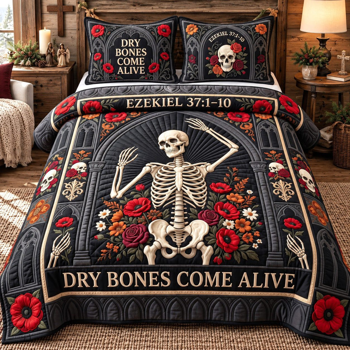 Gothic Arch Dry Bones Come Alive quilted 3-piece bedding set on a made bed against a dark styled interior