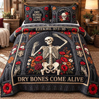 Gothic Arch Dry Bones Come Alive quilted 3-piece bedding set on a made bed against a dark styled interior