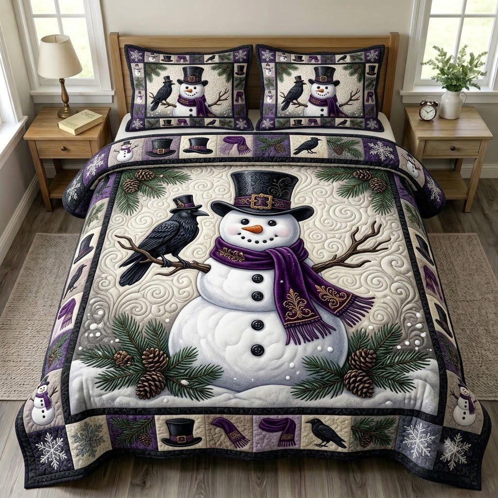 Gothmas Snowman Raven quilted 3-piece bedding set on a made bed in a winter-styled bedroom