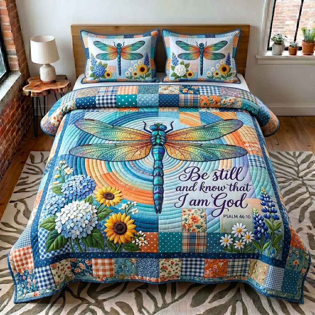 Grace In Flight Dragonfly Sunflower quilted 3-piece bedding set on a made bed with two matching pillow shams