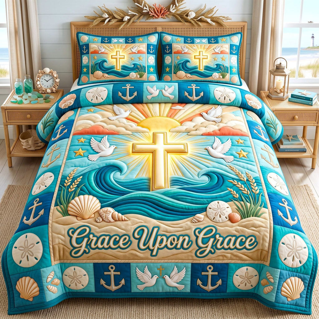 Grace Upon Grace Seaside quilted 3-piece bedding set on a made bed in a light coastal bedroom