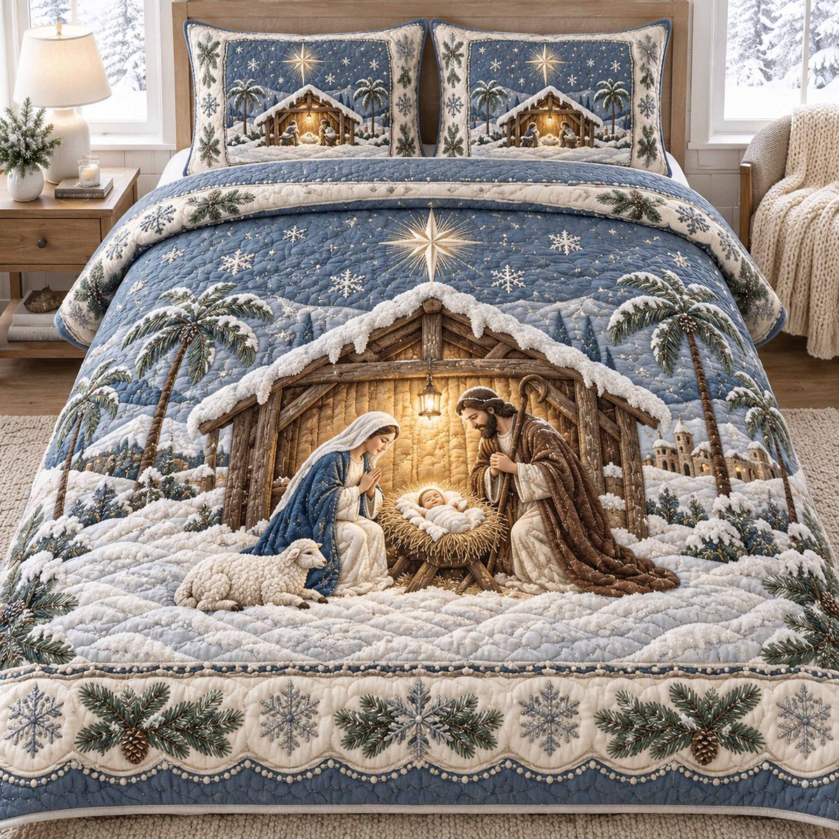 Gracious Gift quilted 3-piece bedding set on a made bed with two matching pillow shams