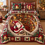 Grand Library Santa quilted 3-piece bedding set on a made bed in a winter-styled bedroom