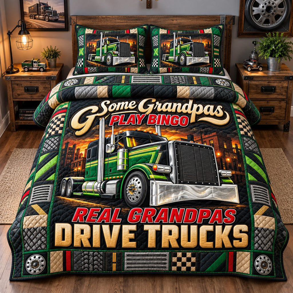 Grandpas Drive Trucks quilted 3-piece bedding set on a made bed with two matching pillow shams