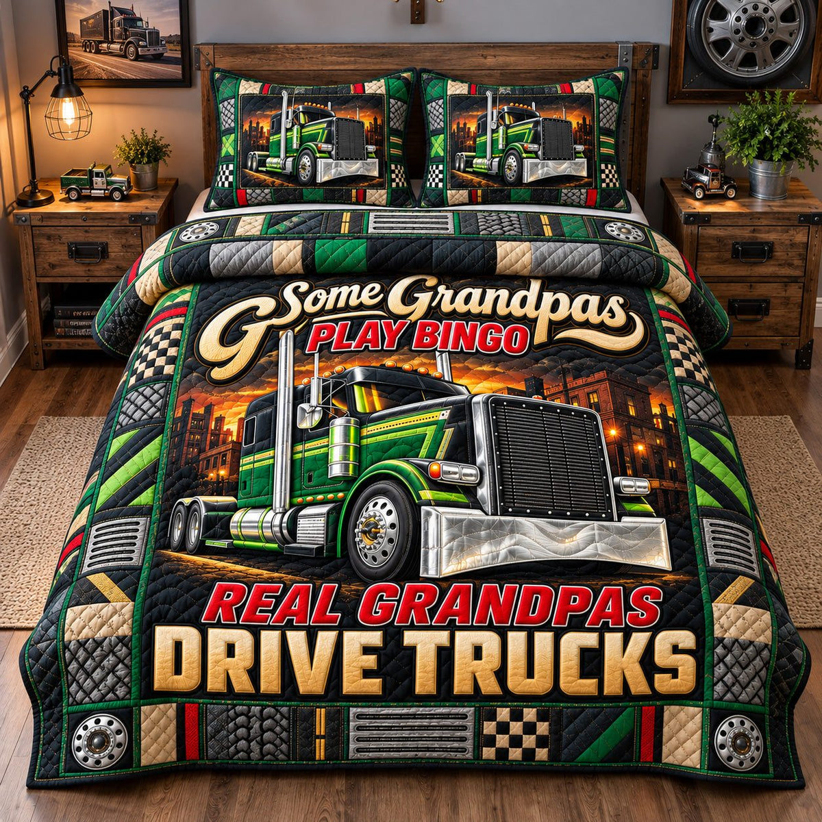 Grandpas Drive Trucks quilted 3-piece bedding set on a made bed with two matching pillow shams