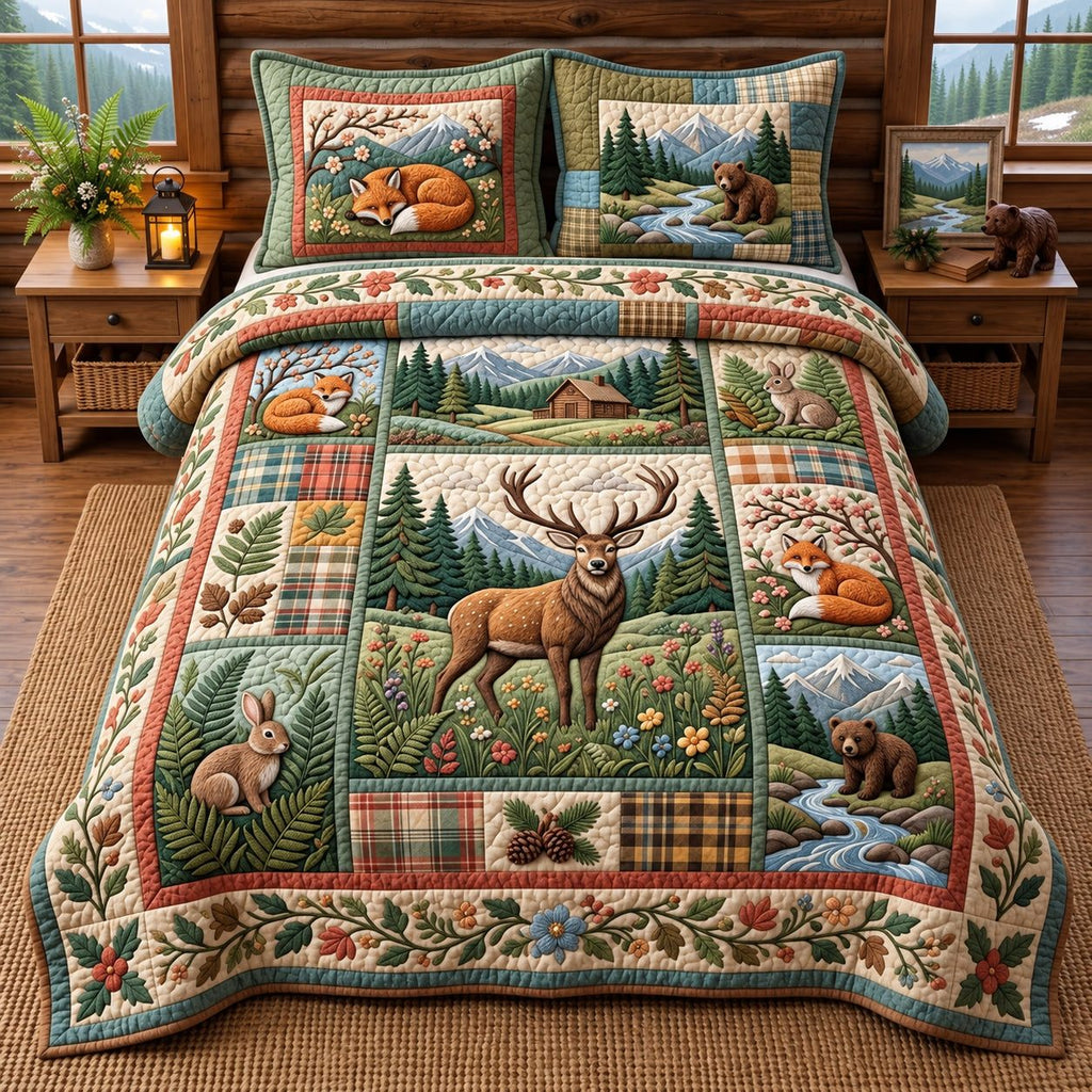 Grazing Deer Fox Autumn Forest quilted 3-piece bedding set on a made bed with two matching pillow shams