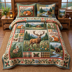 Grazing Deer Fox Autumn Forest quilted 3-piece bedding set on a made bed with two matching pillow shams