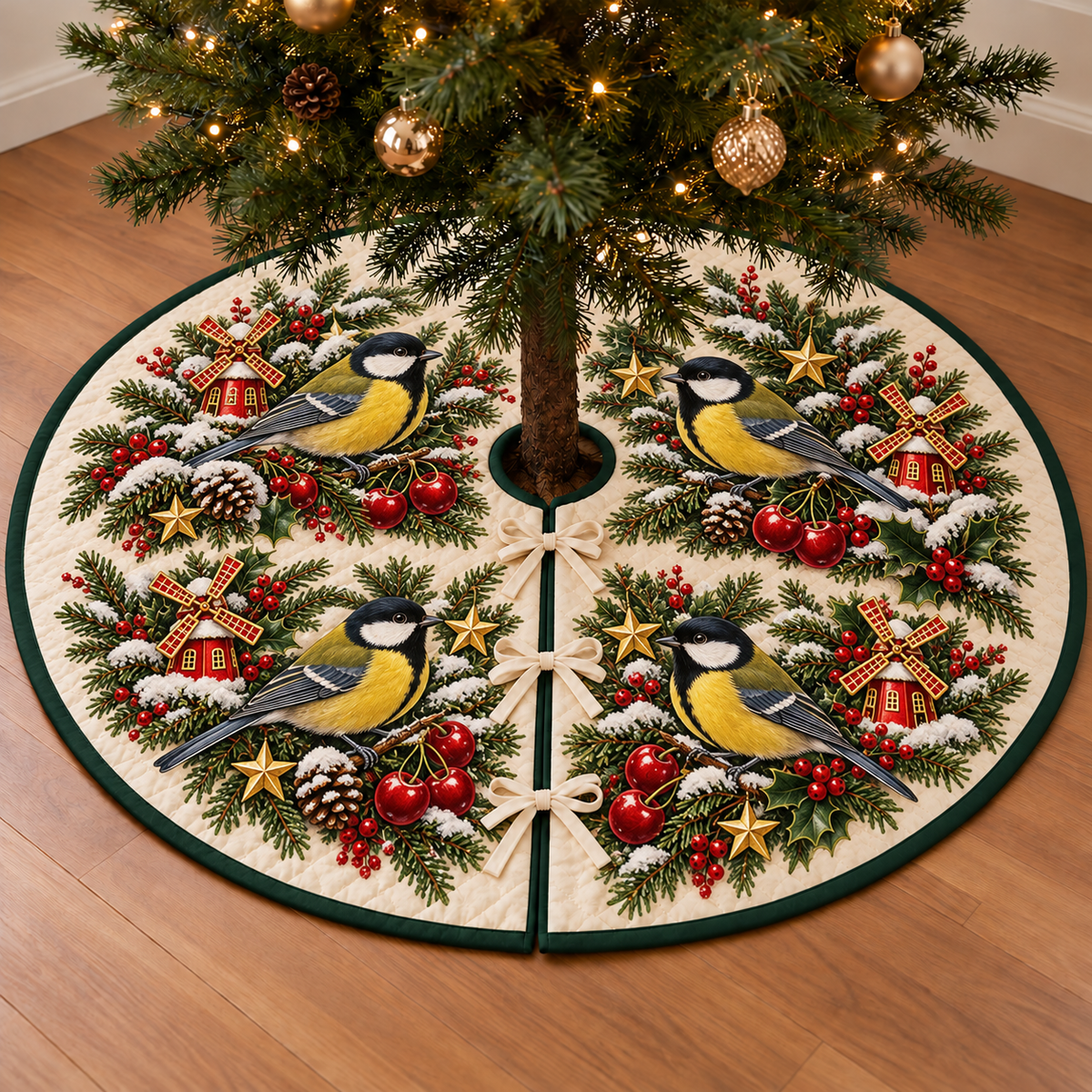 Great Tit Cherry Toy Windmill printed Christmas circular tree skirt; design mockup showing a flat printed depth effect.